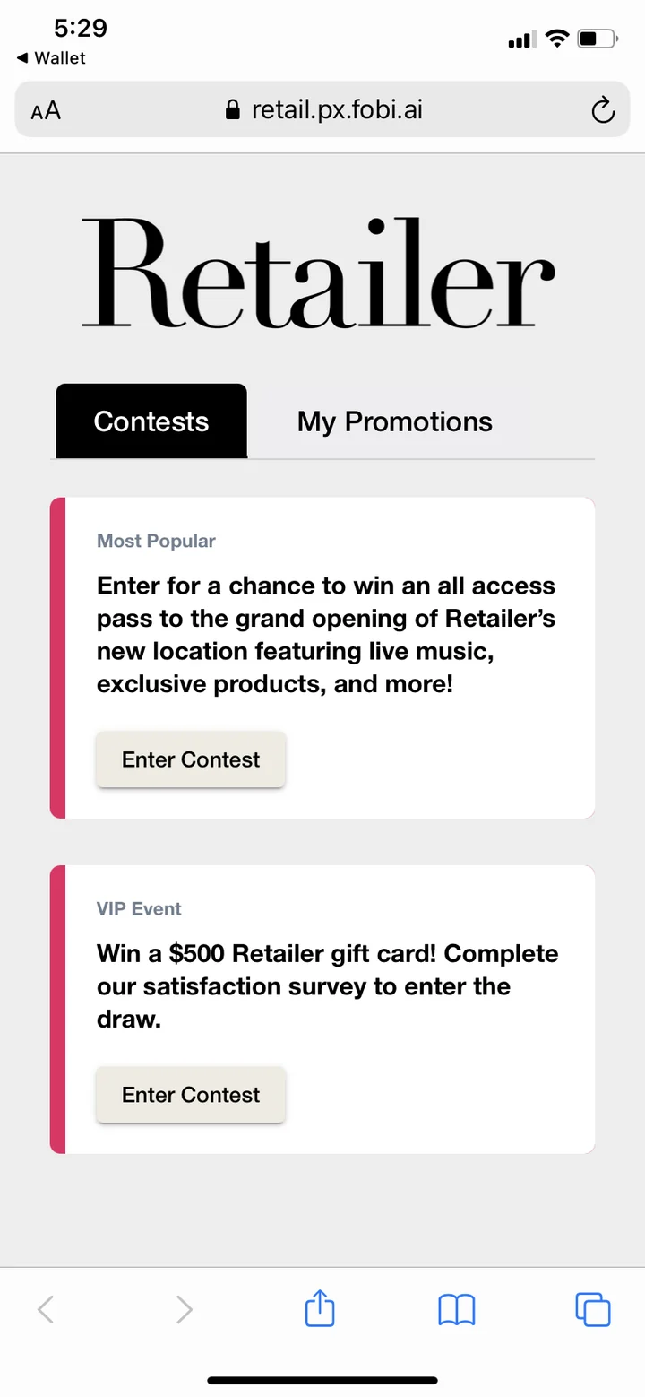 A Retailer hub in the browser listing contests and promotions