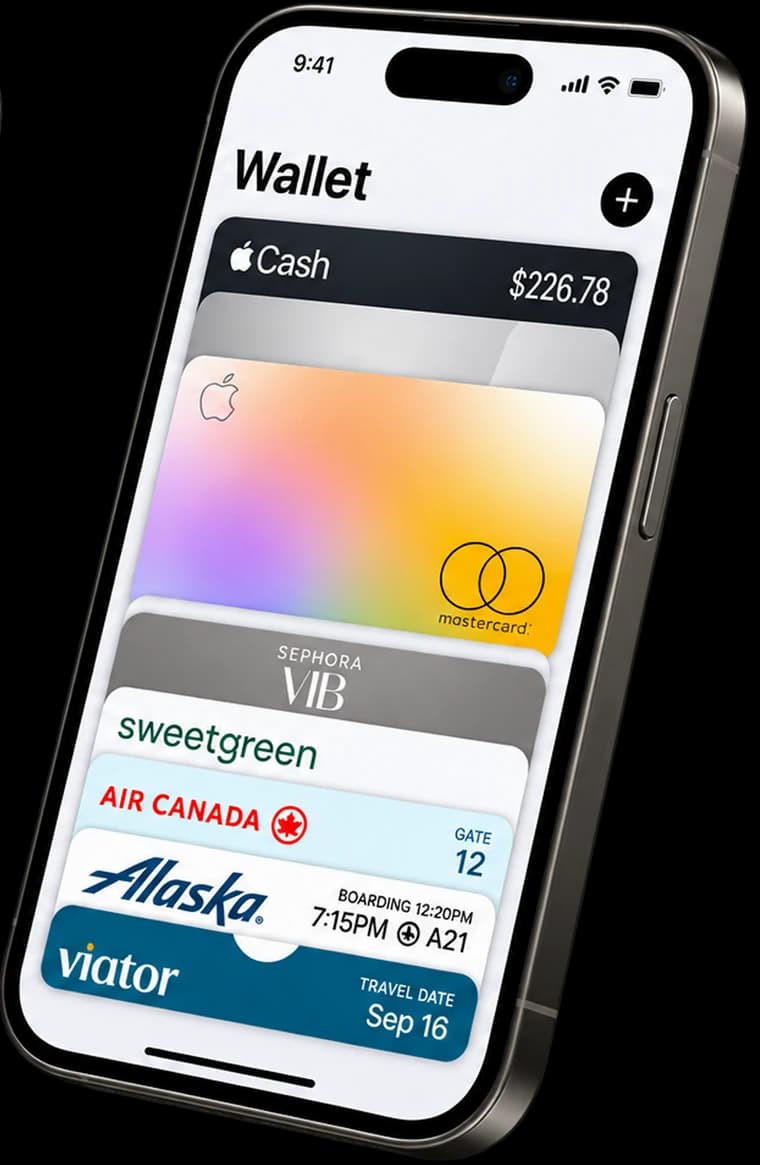 The Apple Wallet app holding a stack of passes and cards