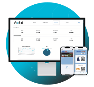 Computer mockup with insights dashboard and two phones showing wallet passes Computer mockup with insights dashboard and two phones showing wallet passes