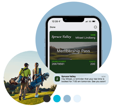 Wallet pass, notification and golfers on course Wallet pass, notification and golfers on course