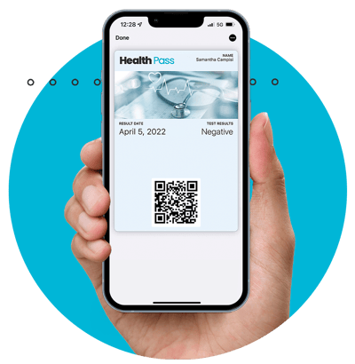 Persons hand holding an iPhone showing a Health Pass wallet pass Persons hand holding an iPhone showing a Health Pass wallet pass
