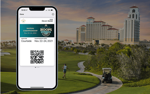Wallet pass with hotel in background