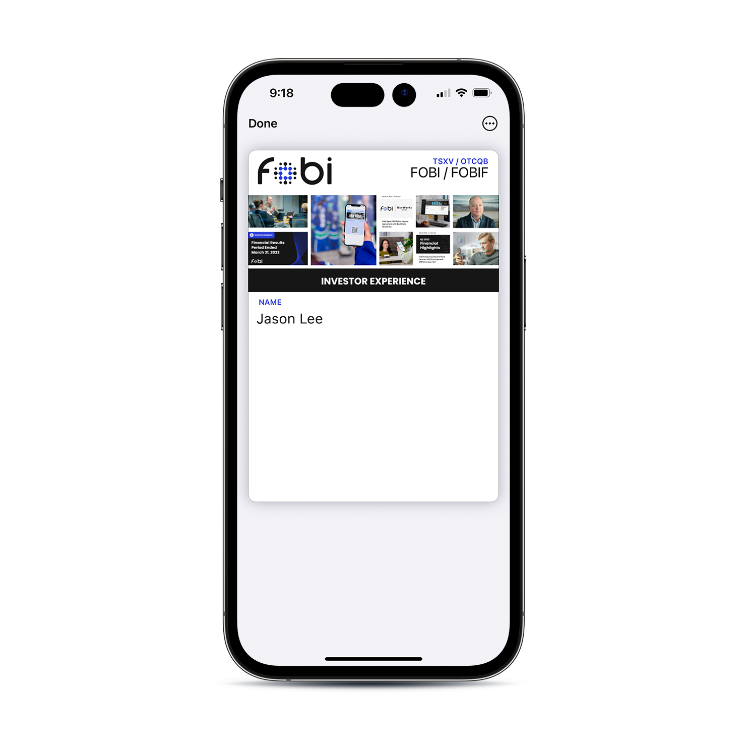 Investor Experience Wallet Pass (Front)