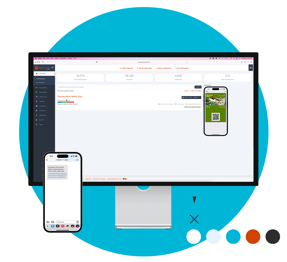 Text message in phone shown in front of a computer screen showing wallet pass building process Text message in phone shown in front of a computer screen showing wallet pass building process